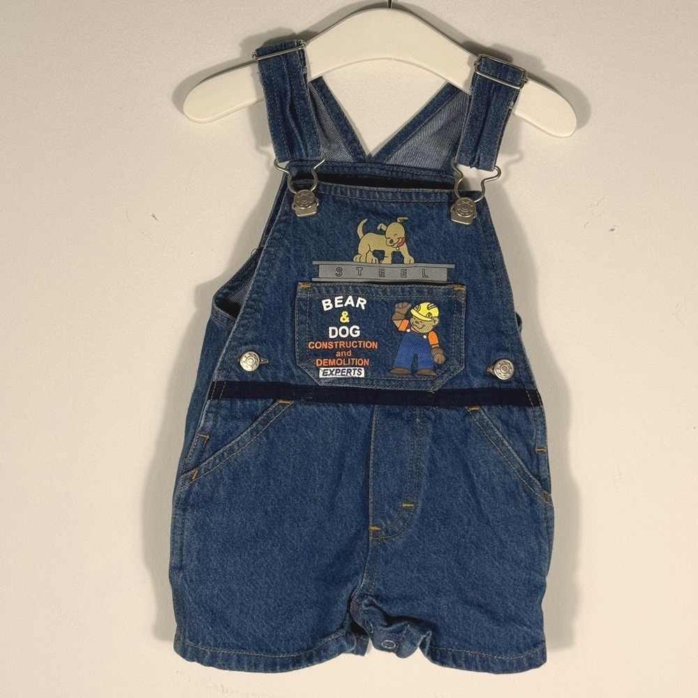 Kindergear Vintage Baby Boys Denim Overalls Bear Dog Construction Blue 12M